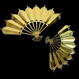 Regency Metal Fans Wall Art Hangings VTG Asian Embossed Set of 2 Gold Tone MCM